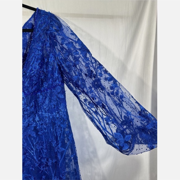 NWT $798 Mac Duggal [ 16 ] V Neck Mesh Puff Sleeve A Line Embellished Dress Blue - Picture 11 of 16